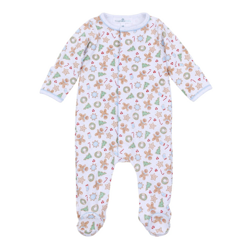Dress your baby boy in cozy comfort and festive charm with this Frosted Wonderland footie. Made from 100% soft, breathable Pima Cotton, it gently caresses delicate skin while keeping your little one comfortable all day. The delightful all-over print of gingerbread girls, stars, and snowflakes adds a sweet holiday touch, making it the perfect choice for seasonal celebrations and cozy winter moments. Sibling matches available!