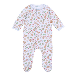 Dress your baby boy in cozy comfort and festive charm with this Frosted Wonderland footie. Made from 100% soft, breathable Pima Cotton, it gently caresses delicate skin while keeping your little one comfortable all day. The delightful all-over print of gingerbread girls, stars, and snowflakes adds a sweet holiday touch, making it the perfect choice for seasonal celebrations and cozy winter moments. Sibling matches available!