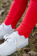 Load image into Gallery viewer, Girls Full Bloom Red Scallop Leggings are a must-have for her wardrobe, offering both comfort and style. Their vibrant red scalloped design adds a playful touch that pairs beautifully with the Full Bloom Sweatshirt for a cozy, fashionable fall outfit. Perfect for everyday wear, these leggings bring both practicality and charm to her seasonal looks.
