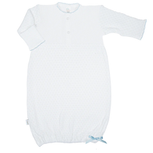 Load image into Gallery viewer, Celebrate your newborn’s arrival with the Infant Knit Placket Gown by Paty. Crafted from a soft 50/50 knit blend in classic white, this gown features delicate light blue or pink picot trim and signature Paty buttons for a charming finish. Available in Newborn and Preemie sizes, it offers a cozy, gentle fit that keeps your baby comfortable while looking adorable. Perfect for those first precious moments.

