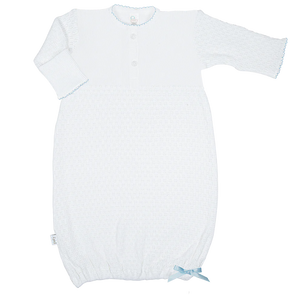Celebrate your newborn’s arrival with the Infant Knit Placket Gown by Paty. Crafted from a soft 50/50 knit blend in classic white, this gown features delicate light blue or pink picot trim and signature Paty buttons for a charming finish. Available in Newborn and Preemie sizes, it offers a cozy, gentle fit that keeps your baby comfortable while looking adorable. Perfect for those first precious moments.