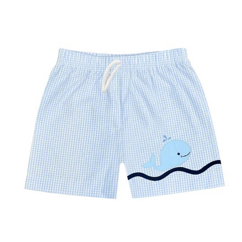 These Toddler Boy's Mini Seersucker Whale Swim Trunk combine classic style with playful charm. The timeless seersucker fabric offers breathable comfort for beach days, while the adorable whale applique adds a touch of whimsy that parents and little ones will love. Perfect for making a splash this season with both style and comfort that lasts through summer adventures.