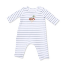 Load image into Gallery viewer, Mama Mallard Long Sleeve Striped Romper- Quack into cuteness with our&nbsp;Long Sleeve Snap Shoulder Romper, crafted from soft organic cotton jersey. Featuring a charming mallard duck applique/embroidery, this easy-snap one-piece is perfect for little pond explorers or cozy nap time.

