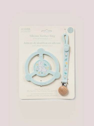 Help soothe your baby’s sore gums with the Silicone Teether Ring with Detachable Clip from JuJuBe x Studio Oh! This teether features an easy-to-grip design and three different massaging textures so Baby can choose what feels best. Place it in the freezer before use for additional cooling relief. This nontoxic, food-grade silicone teether is dishwasher-safe, and most importantly, it is BPA-free, PVC-free, phthalate-free, and lead-free, making it safe to go in Baby’s mouth. A snug-closing clip and silicone lo