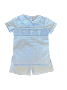 Add a touch of classic style to your little gentleman's wardrobe with the Heintz Cross Short Set from Shop Teeta! This charming set features a peter pan collar, blue and white pinstripes, and smocked detailing with white crosses. Perfect for Easter Sunday or any religious event, this short set will have your little one looking sharp and stylish!