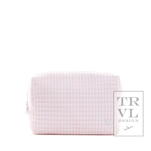 Pimlico Pink Quilted Everyday Bag from TRVL Design. This lightweight, quilted, zippered pouch is ideal for diapers, wipes, toiletries, cosmetics and everything in between!   Water & stain repellant and wipeable inside & out!  Chunky white zipper closure.  Interior pocket. Size: 9.5