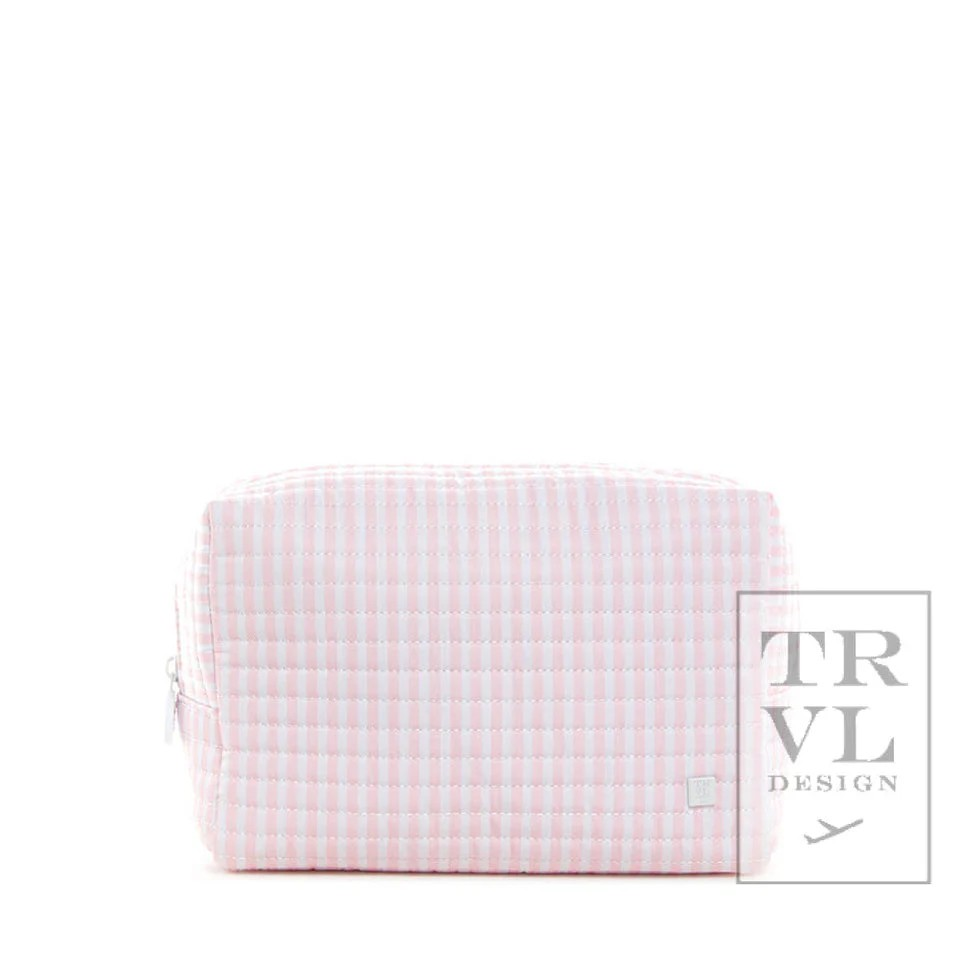 Pimlico Pink Quilted Everyday Bag from TRVL Design. This lightweight, quilted, zippered pouch is ideal for diapers, wipes, toiletries, cosmetics and everything in between!   Water & stain repellant and wipeable inside & out!  Chunky white zipper closure.  Interior pocket. Size: 9.5