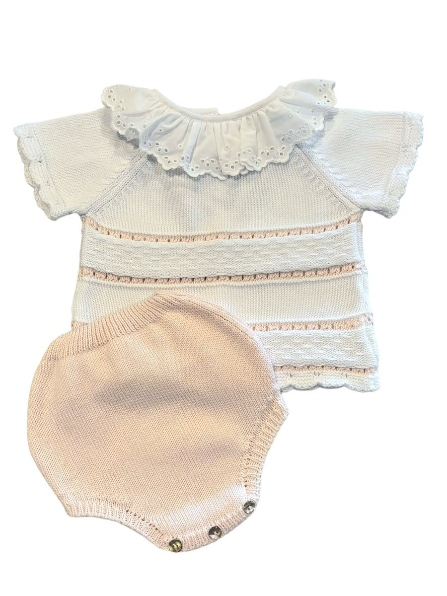 Dress your little one in style with our Girl's Pink Knit Sweater and Diaper Cover Set! Made from soft materials, this set features a classic pink and white striped design. Perfect for infant girls, this adorable and timeless outfit will keep them cozy and cute.