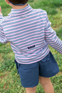 Boy's Long Sleeve Pro Performance Polo in Blue and Pink Stripe