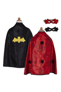 This adorable reversible cape offers twice the fun with quality design and versatility. The black satin side features a yellow bat emblem and reverses to a red spider web satin print on the reverse side with large black velour foam spider details. The Velcro closure at the neck makes switching superheroes a breeze.