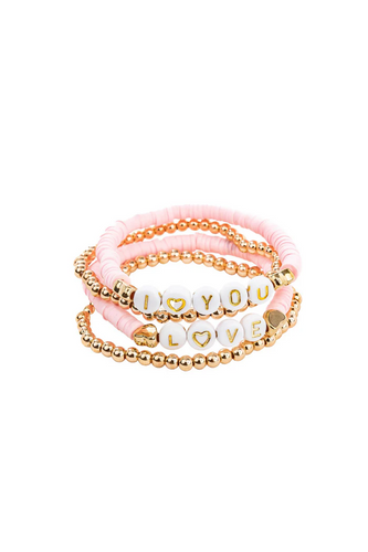 This 4pc bracelet set is all about the love! 4 separate strands of pink and gold bliss are perfect for stacking or sharing with friends.