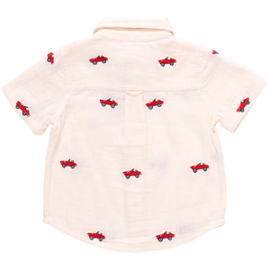 This soft muslin Vintage Car Embroidered Shirt from Blue Rooster is a must-have for boys who love classic cars. The button up design and classic collar add a touch of sophistication, while the embroidered cars bring a fun and unique element to this shirt. Perfect for any young car enthusiast! Pair with our Boys Jackson Short for a versatile look that works for school days, neighborhood games and a family outings alike.&nbsp;