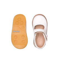 Load image into Gallery viewer, These stylish shoes are designed to support your child&#39;s growing feet with reinforced toes and ankle support. The scalloped edges add a touch of elegance, perfect for any occasion.

Comfort is key with extra cushioned insoles and breathable leather lining to keep your child&#39;s feet dry. The natural leather and sheepskin lining provide maximum softness.

The hook-and-loop closure and padded collar ensure a perfect fit, making it easy to get these sh
