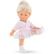 Load image into Gallery viewer, Meet Rosy, the pint-sized prima ballerina who's ready for her next grand performance! This charming 8-inch Corolle doll brings ballet dreams to life with her silky, combable blonde hair and graceful style. Rosy arrives dressed in an elegant tutu, complete with a tiara, cozy ballet sweater, leg warmers, and hair extensions for endless styling possibilities. Lightweight and perfectly portable, she's the ideal companion for imaginative play on the go. Recommended for ages 3 and up.
