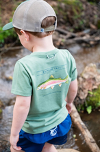 Load image into Gallery viewer, Embrace the great outdoors in this&nbsp;Boys' Short Sleeve Cotton T-shirt in Hedge Green with Rainbow Trout Fish .This comfortable boys' tee is perfect for everyday play, cool weather, school, and the next big adventure!&nbsp;100% Cotton Jersey Softness for All Day Comfort.
