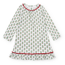 Load image into Gallery viewer, Dress your little one in cozy holiday charm with the Carlin Girls&#39; Lounge Dress from Lila &amp; Hayes. Crafted from soft pima cotton, this long-sleeve dress features a delicate flutter ruffle hem and playful pom pom trim that add festive flair. The whimsical Christmas tree print captures the magic of the season, while the button closure at the back ensures easy dressing. Perfect for lounging or holiday gatherings, this dress combines comfort with joyful style for memorable celebrations.
