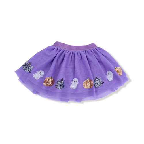 Get ready for a twirl-tastic Halloween! Our Purple Halloween Tutu is packed with playful charm, featuring shimmering sequin appliques of a cat, ghost, and pumpkin—perfect for dressing up all season long. The gold sparkly waistband adds just the right touch of glam to this not-so-scary look.