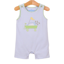 Load image into Gallery viewer, Get your little one ready for a stylish summer with our Infant Boy&#39;s Knit Golf Jon Jon from Trotter Street Kids. This cute and comfortable Jon Jon features blue and white stripes and a charming golf applique. Perfectly on par for his Spring wardrobe!
