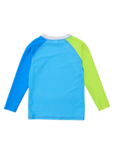 Load image into Gallery viewer, Introduce your toddler boy to the joys of water play with this vibrant color-block rash guard swim top. Featuring a light blue body, blue and citron sleeves, and a white collar, this top is both stylish and functional. Designed by SnapperRock, this top offers sun protection while allowing for full range of motion. Complete the look with the matching Citron Swim Shorts for endless adventures in the sun!
