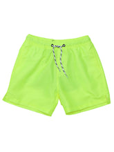 Load image into Gallery viewer, Splash into summer with these uber-bright citron yellow swim shorts, made for energetic beach days. They feature a sturdy self-fabric waistband with an adjustable drawstring, ensuring a comfortable fit while the bold color keeps you visible and stylish on busy beaches or at the pool.
