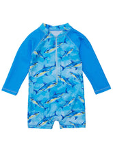 Load image into Gallery viewer, Make a splash with our Jaw-some Waves Long Sleeve Rash Guard Sunsuit! Perfect for your little one&#39;s ocean adventures, this baby sunsuit features a vibrant shark print and easy-to-wear blue sleeves. The sturdy back zip and snap domes at the crotch allow for quick changes, while offering maximum comfort and protection. From SnapperRock for infant boys.
