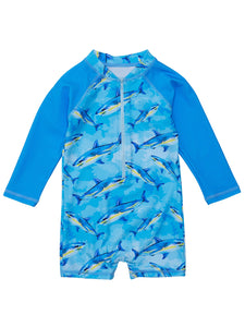 Make a splash with our Jaw-some Waves Long Sleeve Rash Guard Sunsuit! Perfect for your little one's ocean adventures, this baby sunsuit features a vibrant shark print and easy-to-wear blue sleeves. The sturdy back zip and snap domes at the crotch allow for quick changes, while offering maximum comfort and protection. From SnapperRock for infant boys.