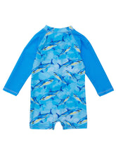 Load image into Gallery viewer, Make a splash with our Jaw-some Waves Long Sleeve Rash Guard Sunsuit! Perfect for your little one&#39;s ocean adventures, this baby sunsuit features a vibrant shark print and easy-to-wear blue sleeves. The sturdy back zip and snap domes at the crotch allow for quick changes, while offering maximum comfort and protection. From SnapperRock for infant boys.
