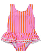 Load image into Gallery viewer, Explore the seaside with this vibrant and playful swimsuit with a skirt! Featuring a tie at the back neck and quick-snap domes, it&#39;s perfect for young adventurers. The sunset-inspired colors and cute mini pompoms add a touch of fun to this comfortable and easy-to-wear design. For infant and toddler girls by SnapperRock.
