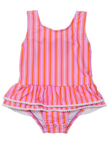 Explore the seaside with this vibrant and playful swimsuit with a skirt! Featuring a tie at the back neck and quick-snap domes, it's perfect for young adventurers. The sunset-inspired colors and cute mini pompoms add a touch of fun to this comfortable and easy-to-wear design. For infant and toddler girls by SnapperRock.