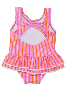 Explore the seaside with this vibrant and playful swimsuit with a skirt! Featuring a tie at the back neck and quick-snap domes, it's perfect for young adventurers. The sunset-inspired colors and cute mini pompoms add a touch of fun to this comfortable and easy-to-wear design. For infant and toddler girls by SnapperRock.