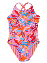 Load image into Gallery viewer, Get ready to make a statement at the beach with our Blooming Sunset Crossback Swimsuit! This reversible swimsuit from SnapperRock for girls boasts vibrant pink and orange stripes on one side and a beautiful floral print on the other. With a flattering cross back design, you&#39;ll feel confident and stylish all day long. Perfect for making a splash this summer!
