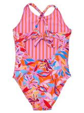 Load image into Gallery viewer, Get ready to make a statement at the beach with our Blooming Sunset Crossback Swimsuit! This reversible swimsuit from SnapperRock for girls boasts vibrant pink and orange stripes on one side and a beautiful floral print on the other. With a flattering cross back design, you&#39;ll feel confident and stylish all day long. Perfect for making a splash this summer!
