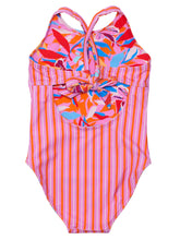 Load image into Gallery viewer, Get ready to make a statement at the beach with our Blooming Sunset Crossback Swimsuit! This reversible swimsuit from SnapperRock for girls boasts vibrant pink and orange stripes on one side and a beautiful floral print on the other. With a flattering cross back design, you&#39;ll feel confident and stylish all day long. Perfect for making a splash this summer!
