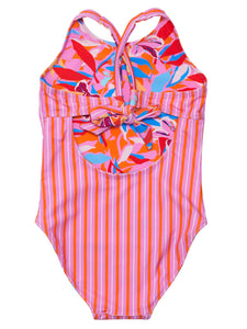 Get ready to make a statement at the beach with our Blooming Sunset Crossback Swimsuit! This reversible swimsuit from SnapperRock for girls boasts vibrant pink and orange stripes on one side and a beautiful floral print on the other. With a flattering cross back design, you'll feel confident and stylish all day long. Perfect for making a splash this summer!