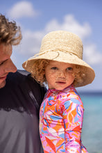 Load image into Gallery viewer, Make waves in style with our Blooming Sunset Rash Guard Skirted Swimsuit! This vibrant tropical print echoes the colors of golden hour, while the skirt waist and durable pink zip make for easy wear. From SnapperRock, it&#39;s ideal for young beach explorers seeking both fun style and practical comfort.
