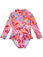 Load image into Gallery viewer, Make waves in style with our Blooming Sunset Rash Guard Skirted Swimsuit! This vibrant tropical print echoes the colors of golden hour, while the skirt waist and durable pink zip make for easy wear. From SnapperRock, it&#39;s ideal for young beach explorers seeking both fun style and practical comfort.
