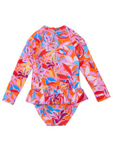 Load image into Gallery viewer, Make waves in style with our Blooming Sunset Rash Guard Skirted Swimsuit! This vibrant tropical print echoes the colors of golden hour, while the skirt waist and durable pink zip make for easy wear. From SnapperRock, it&#39;s ideal for young beach explorers seeking both fun style and practical comfort.
