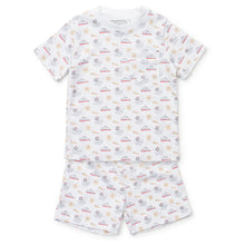 Load image into Gallery viewer, Get ready for bedtime adventures with our Pirates 2- Piece Short Sleeve Pajama Set from Lila &amp; Hayes! This adorable set features a short sleeve shirt and shorts, both adorned with playful pirate designs and ships. Your little one will drift off to sleep feeling like a swashbuckling adventurer!
