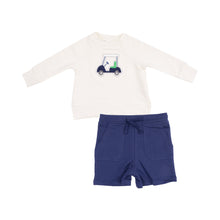 Load image into Gallery viewer, Golf Cart Blue French Terry Raglan Sweatshirt W/ Applique And Short from Angel Dear features an ivory sweatshirt with golf cart applique and coordinating navy pull on shorts.&nbsp;
