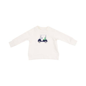 Golf Cart Blue French Terry Raglan Sweatshirt W/ Applique And Short from Angel Dear features an ivory sweatshirt with golf cart applique and coordinating navy pull on shorts.&nbsp;