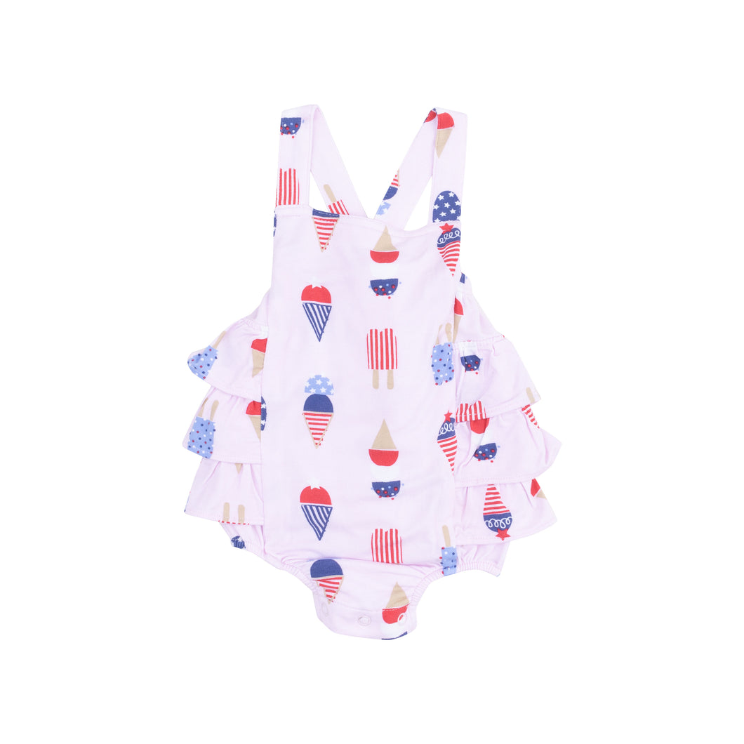 Celebrate the 4th in style with the Infant Girls American Ice Cream Ruffle Sunsuit from Angel Dear. Made with their famous bamboo fabric, this adorable sunsuit features an eye-catching July 4th design and a charming back ruffle. Your little one will be the star of the show in this incredibly sweet outfit!