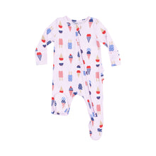 Load image into Gallery viewer, Introduce your little one to comfort with the Infant Girls Ruffle American Ice Cream 2 Way Footie! Made from Angel Dear&#39;s signature bamboo material, this footie features a charming red, white, and blue design of ice cream and popsicles and adorable back ruffle. Plus, the 2-way zipper makes diaper changes a breeze. Give your baby the best in style and convenience with this adorable footie.
