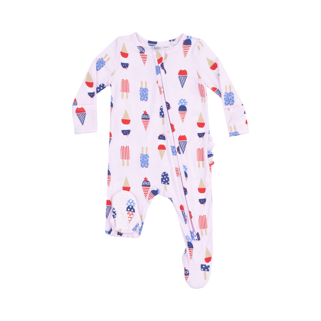 Introduce your little one to comfort with the Infant Girls Ruffle American Ice Cream 2 Way Footie! Made from Angel Dear's signature bamboo material, this footie features a charming red, white, and blue design of ice cream and popsicles and adorable back ruffle. Plus, the 2-way zipper makes diaper changes a breeze. Give your baby the best in style and convenience with this adorable footie.