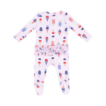 Load image into Gallery viewer, Introduce your little one to comfort with the Infant Girls Ruffle American Ice Cream 2 Way Footie! Made from Angel Dear&#39;s signature bamboo material, this footie features a charming red, white, and blue design of ice cream and popsicles and adorable back ruffle. Plus, the 2-way zipper makes diaper changes a breeze. Give your baby the best in style and convenience with this adorable footie.
