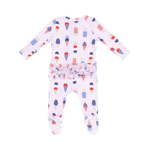 Introduce your little one to comfort with the Infant Girls Ruffle American Ice Cream 2 Way Footie! Made from Angel Dear's signature bamboo material, this footie features a charming red, white, and blue design of ice cream and popsicles and adorable back ruffle. Plus, the 2-way zipper makes diaper changes a breeze. Give your baby the best in style and convenience with this adorable footie.