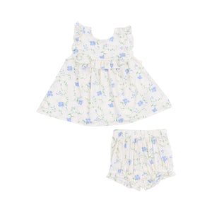 Introducing the Sweet Vines Ruffle Top &amp; Bloomer Set from Angel Dear! Made with our beloved bamboo fabric, this set features a charming floral tunic dress with ruffle accents and matching bloomers adorned with delicate blue flowers. Perfect for infant girls, this set is as comfortable as it is cute.
