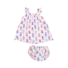 Load image into Gallery viewer, Embrace the joy of summer with the Girls Floral Popsicles Sundress from Angel Dear. Made with super soft muslin, this dress features a playful print of floral popsicles, perfect for a day at the beach. Stay cool and stylish with this must-have summer dress. Infant sizes to 24m include bloomers.
