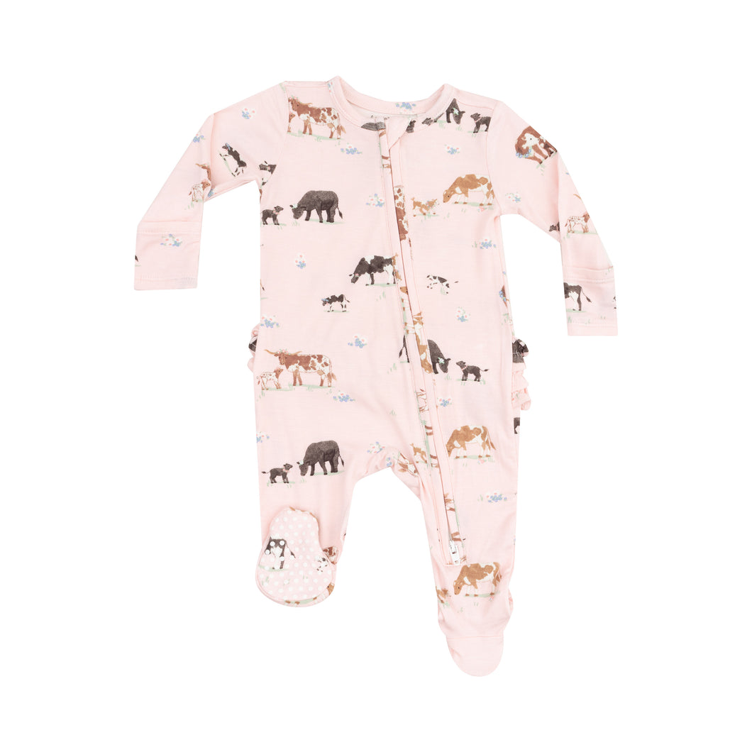 Introduce your little one to the world in style with our Infant Girls Ruffle Cow Families 2 Way Zipper Footie from Angel Dear. Made from 100% bamboo material, this footie features an adorable cow print on a soft pink background. The 2 way zipper makes changing time a breeze for busy parents. Adorable back ruffles are a sweet feminine touch. 
