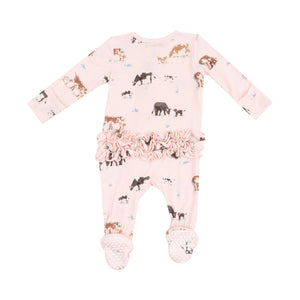 Introduce your little one to the world in style with our Infant Girls Ruffle Cow Families 2 Way Zipper Footie from Angel Dear. Made from 100% bamboo material, this footie features an adorable cow print on a soft pink background. The 2 way zipper makes changing time a breeze for busy parents. Adorable back ruffles are a sweet feminine touch.&nbsp;