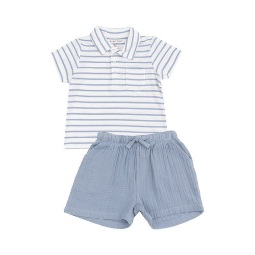 Elevate your little one's wardrobe with our Toddler Boys French Stripe Polo and Muslin Short Set! Made from soft bamboo fabric, this set includes a stylish striped polo and coordinating blue shorts. Perfect for a comfortable and classic summer look.